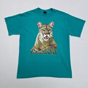 Vintage Platinum Plus Cougar Graphic T-Shirt Teal Green Mens Large Made in USA